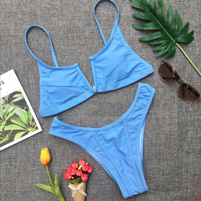 2021 Sexy Bikini Set Women Swimwear V Neck Swimsuit Female Push Up Bikini Set Solid Bathing Suit Beach Wear Biquini voguable