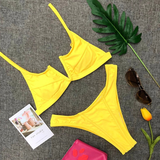 2021 Sexy Bikini Set Women Swimwear V Neck Swimsuit Female Push Up Bikini Set Solid Bathing Suit Beach Wear Biquini voguable