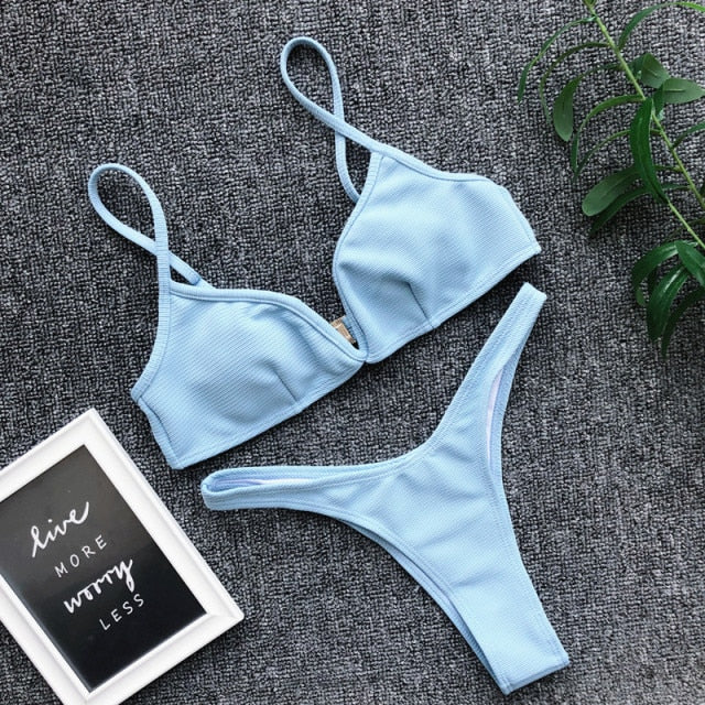 2021 Sexy Bikini Set Women Swimwear V Neck Swimsuit Female Push Up Bikini Set Solid Bathing Suit Beach Wear Biquini voguable