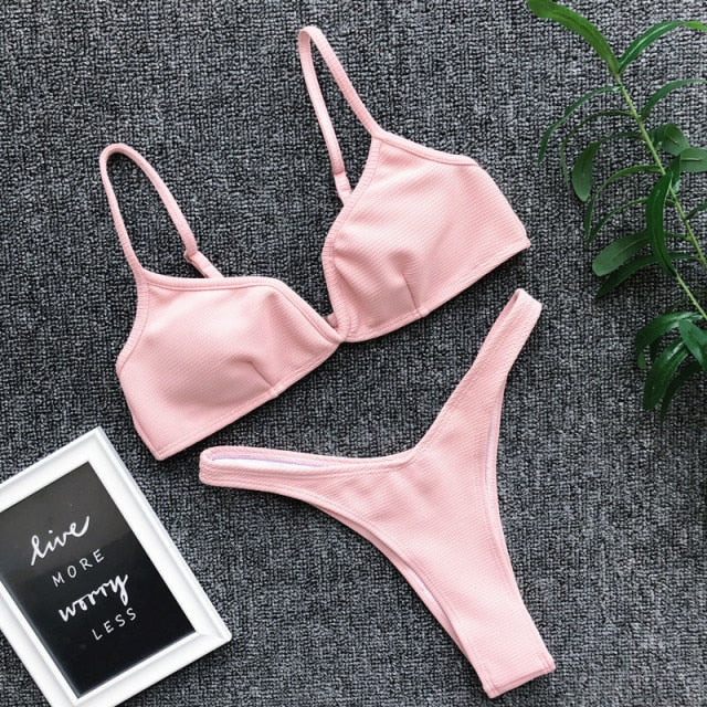 2021 Sexy Bikini Set Women Swimwear V Neck Swimsuit Female Push Up Bikini Set Solid Bathing Suit Beach Wear Biquini voguable