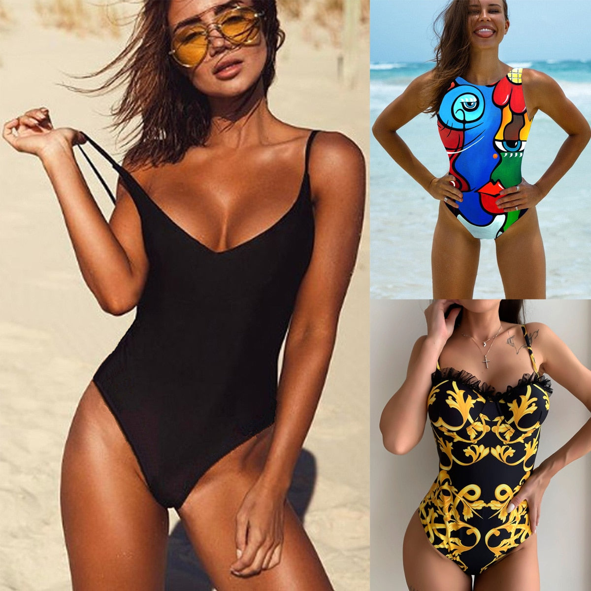 Voguable  Sexy One-Piece Swimsuit Women Swimwear Female Solid Black Thong Backless Monokini Bathing Suit XL voguable