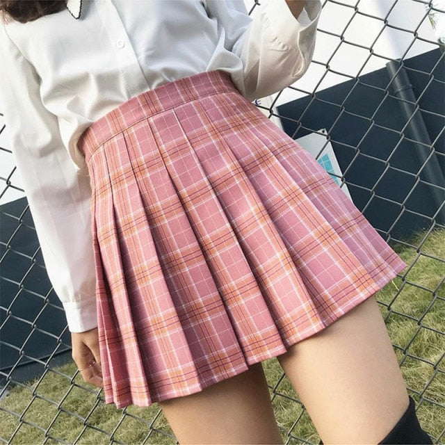 XS-XXL Spring Summer Autumn Women Skirts Student Girl Striped Pleated Waist Female Sweet Mini Dance Plaid Black White Pink Skirt voguable