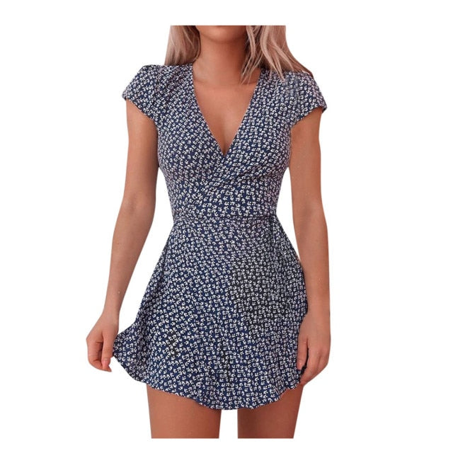 Women Dresses Summer 2021  Sexy V Neck Floral Print Boho Beach Dress Ladies Short Sleeve A Line Mini Dress Sundress Robe 2021 voguable