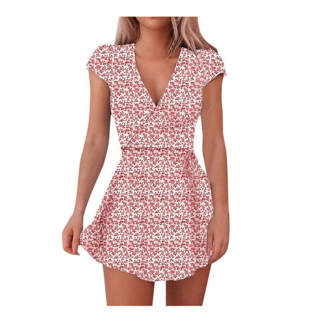 Women Dresses Summer 2021  Sexy V Neck Floral Print Boho Beach Dress Ladies Short Sleeve A Line Mini Dress Sundress Robe 2021 voguable