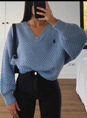 Voguable 2022 Pullovers Women Autumn Winter Sweaters Solid V-Neck Loose Casual Daily Basic Womens Knitted Basic Chic Long Sleeve Sweater voguable