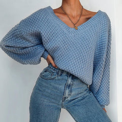 Voguable 2022 Pullovers Women Autumn Winter Sweaters Solid V-Neck Loose Casual Daily Basic Womens Knitted Basic Chic Long Sleeve Sweater voguable
