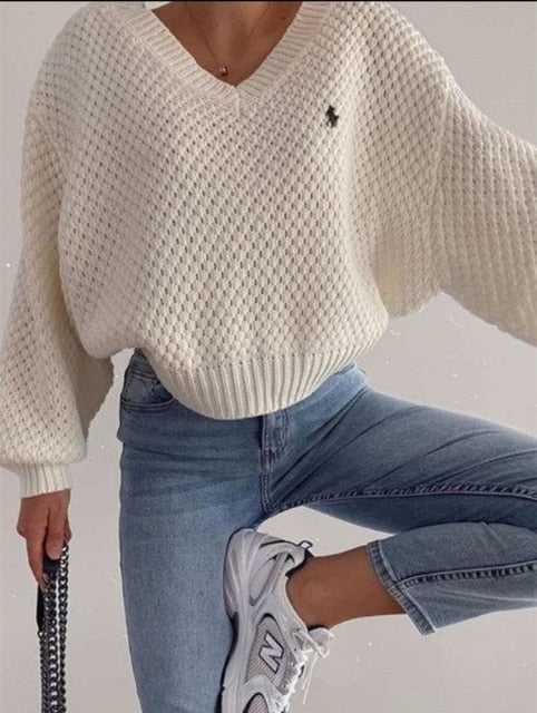 Voguable 2022 Pullovers Women Autumn Winter Sweaters Solid V-Neck Loose Casual Daily Basic Womens Knitted Basic Chic Long Sleeve Sweater voguable