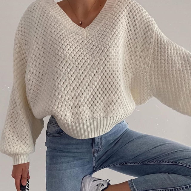 Voguable 2022 Pullovers Women Autumn Winter Sweaters Solid V-Neck Loose Casual Daily Basic Womens Knitted Basic Chic Long Sleeve Sweater voguable