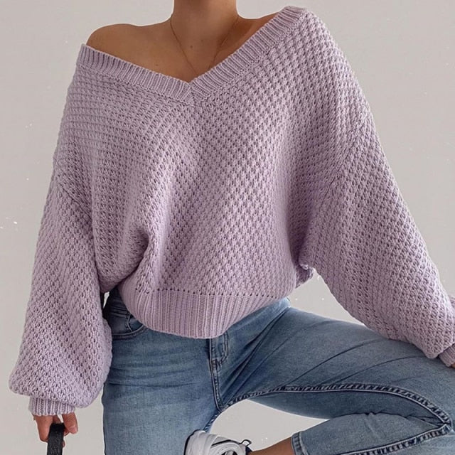 Voguable 2022 Pullovers Women Autumn Winter Sweaters Solid V-Neck Loose Casual Daily Basic Womens Knitted Basic Chic Long Sleeve Sweater voguable