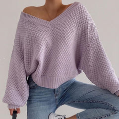 Voguable 2022 Pullovers Women Autumn Winter Sweaters Solid V-Neck Loose Casual Daily Basic Womens Knitted Basic Chic Long Sleeve Sweater voguable