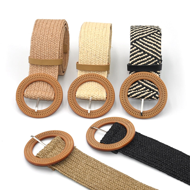 Summer Women Braided Elastic Belt Round Square Wooden Buckle Vintage Bohe Straw Buckle Belt Women Knitted Belt Dress Belt voguable