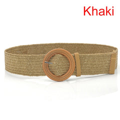 Summer Women Braided Elastic Belt Round Square Wooden Buckle Vintage Bohe Straw Buckle Belt Women Knitted Belt Dress Belt voguable