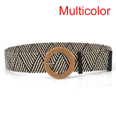Summer Women Braided Elastic Belt Round Square Wooden Buckle Vintage Bohe Straw Buckle Belt Women Knitted Belt Dress Belt voguable