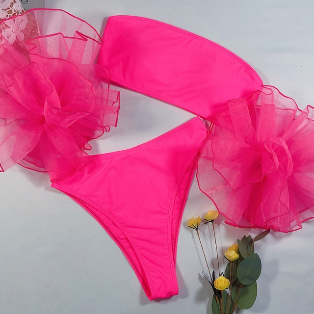 In-X Mesh ruffle swimsuit female Sexy bandeau bikini 2021 Strapless swimwear women High waist bikini set Black pink bathing suit voguable