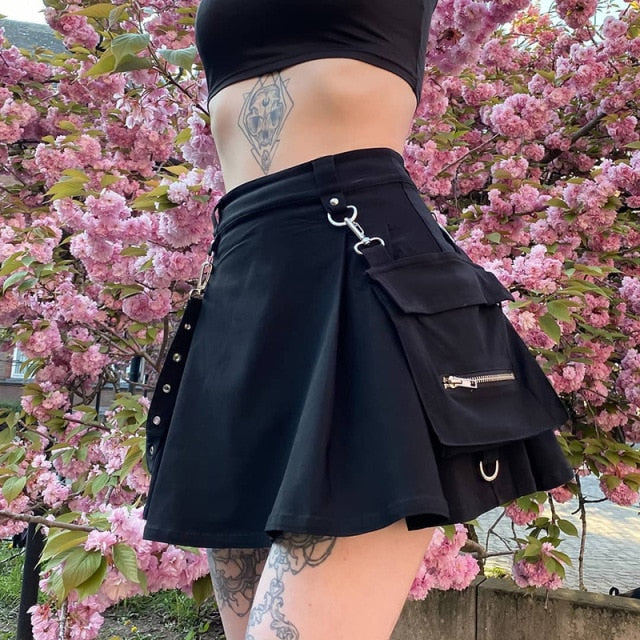 Harajuku Punk Gothic Black High Waist Black Skirts Women Sexy Patchwork Bandage Mini Skirt Female Streetwear Black Skirt voguable