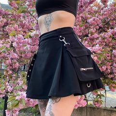 Harajuku Punk Gothic Black High Waist Black Skirts Women Sexy Patchwork Bandage Mini Skirt Female Streetwear Black Skirt voguable