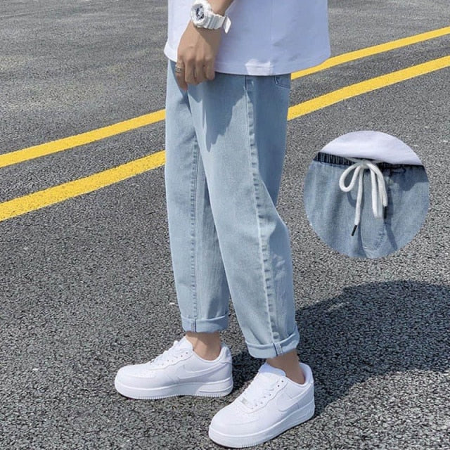 Wide-leg straight jeans men women fall winter loose casual rope trousers male students Korean all-match pants trend streetwear voguable