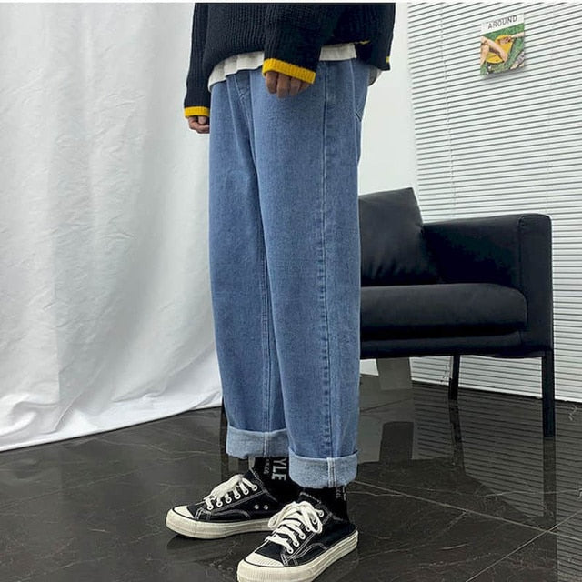 Wide-leg straight jeans men women fall winter loose casual rope trousers male students Korean all-match pants trend streetwear voguable