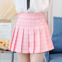 BEFORW Preppy Japanese Korea Short Skirts 2021 New High Waist Mini Womens Skirts Kawaii Pink Plaid Pleated Tennis Casual Skirt voguable