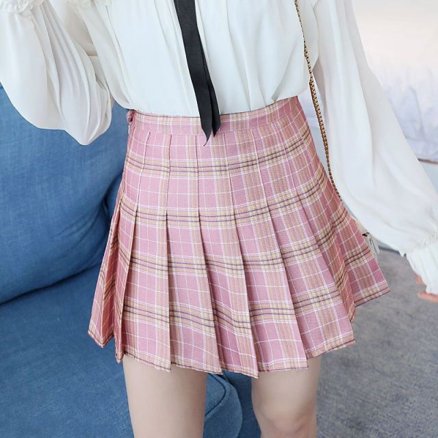 BEFORW Preppy Japanese Korea Short Skirts 2021 New High Waist Mini Womens Skirts Kawaii Pink Plaid Pleated Tennis Casual Skirt voguable