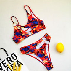 African Style Bikini Bathing Suit Sexy Cut Out Swimwear Chain Ring Swimming Suit for Women Two Piece Swimsuit Floral Biquini voguable