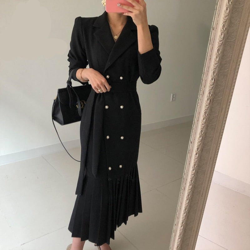 Spring Autumn Fashion Chic Korean Office Lady Brief Bandage Long Dress Women Elegant sheath trumpet  Vintage Blazer Dresses Robe voguable