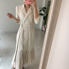 Spring Autumn Fashion Chic Korean Office Lady Brief Bandage Long Dress Women Elegant sheath trumpet  Vintage Blazer Dresses Robe voguable