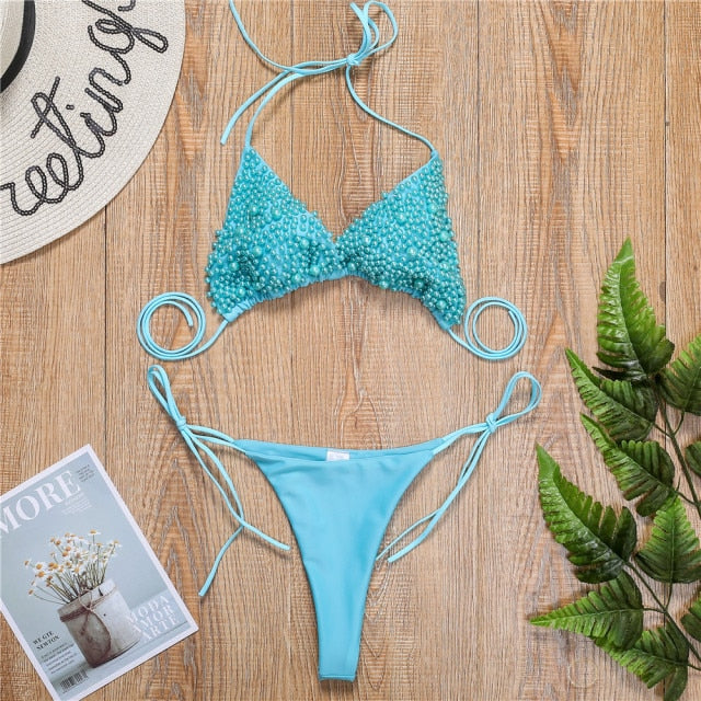 White Pearl Bikini 2021 mujer Sexy Backless Lace-up Swimsuit Pink Micro Mini Beach Swimwear Women  2 Pieces Thong Bikini Sets voguable