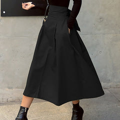 shintimes Skirts Womens Korean Fashion Solid Color Big Swing Ladies Skirt Long Skirt 2020 Autumn Wild High Waist Bow Slim Skirts voguable