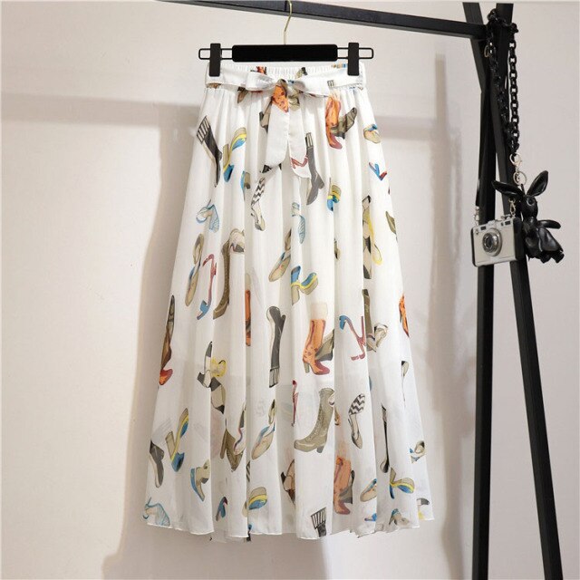 Vintage floral print chiffon skirts women Sprint Summer korean A line Pink streetwear high waist ladies midi skirt voguable