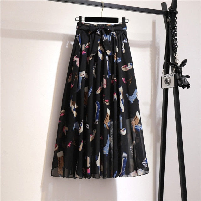 Vintage floral print chiffon skirts women Sprint Summer korean A line Pink streetwear high waist ladies midi skirt voguable