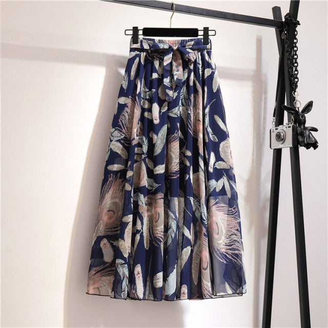 Vintage floral print chiffon skirts women Sprint Summer korean A line Pink streetwear high waist ladies midi skirt voguable