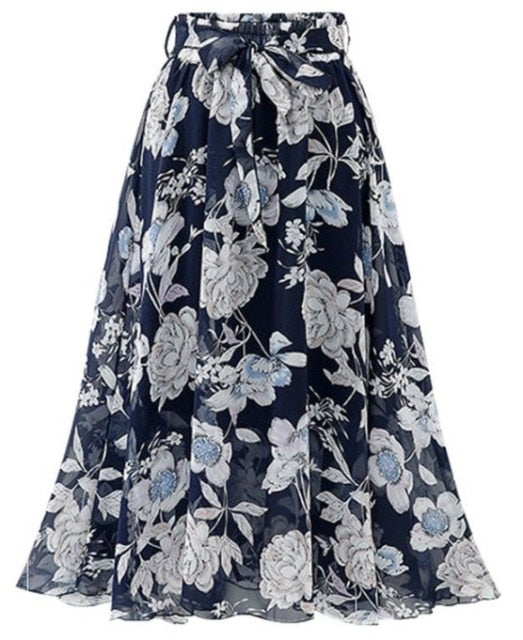 Vintage floral print chiffon skirts women Sprint Summer korean A line Pink streetwear high waist ladies midi skirt voguable