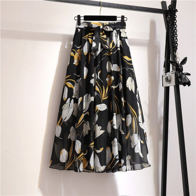 Vintage floral print chiffon skirts women Sprint Summer korean A line Pink streetwear high waist ladies midi skirt voguable