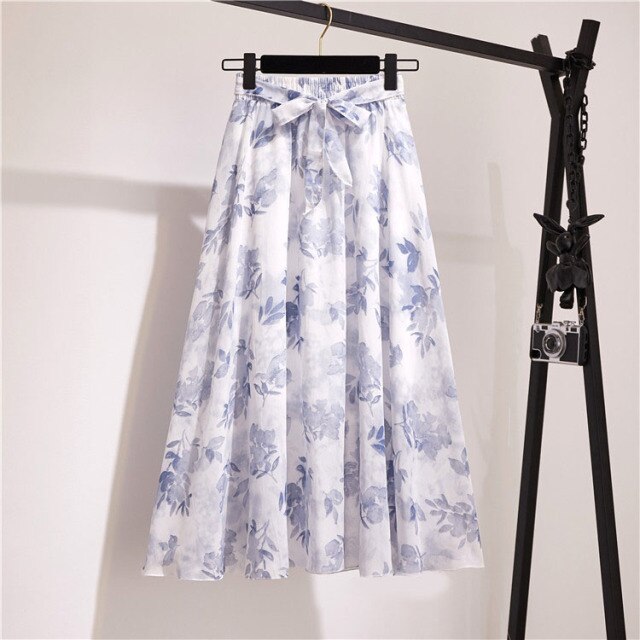 Vintage floral print chiffon skirts women Sprint Summer korean A line Pink streetwear high waist ladies midi skirt voguable