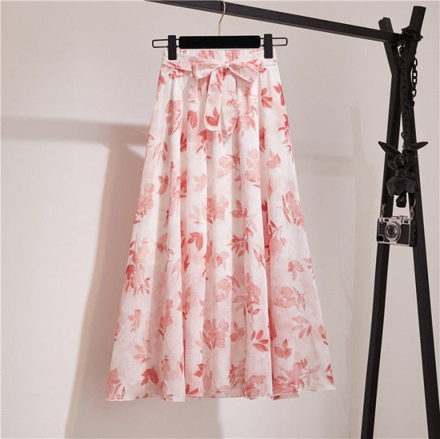 Vintage floral print chiffon skirts women Sprint Summer korean A line Pink streetwear high waist ladies midi skirt voguable