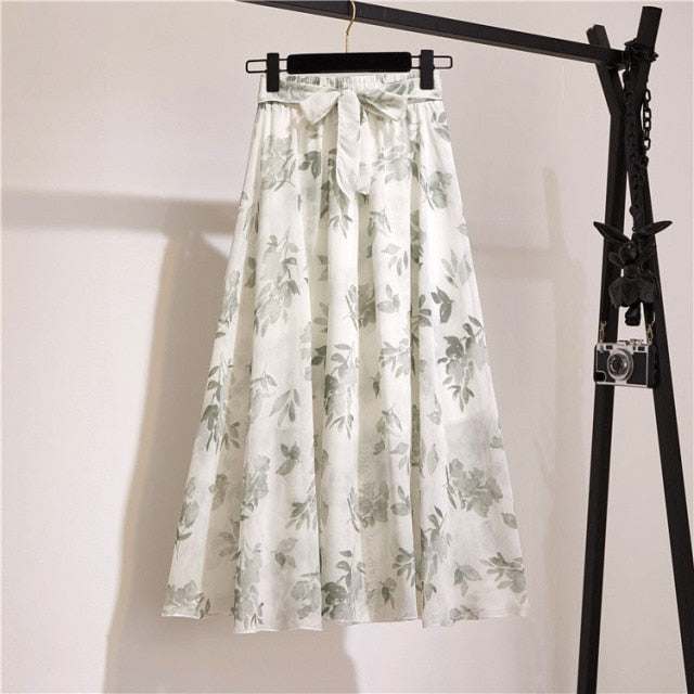 Vintage floral print chiffon skirts women Sprint Summer korean A line Pink streetwear high waist ladies midi skirt voguable