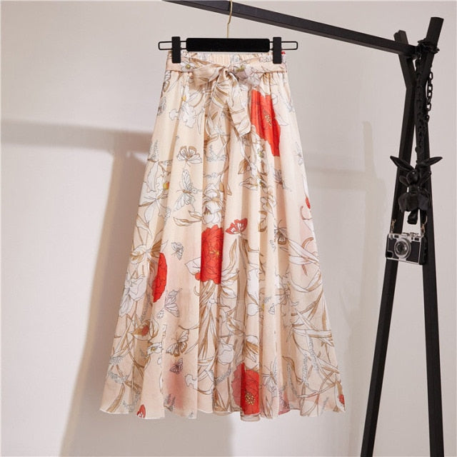Vintage floral print chiffon skirts women Sprint Summer korean A line Pink streetwear high waist ladies midi skirt voguable