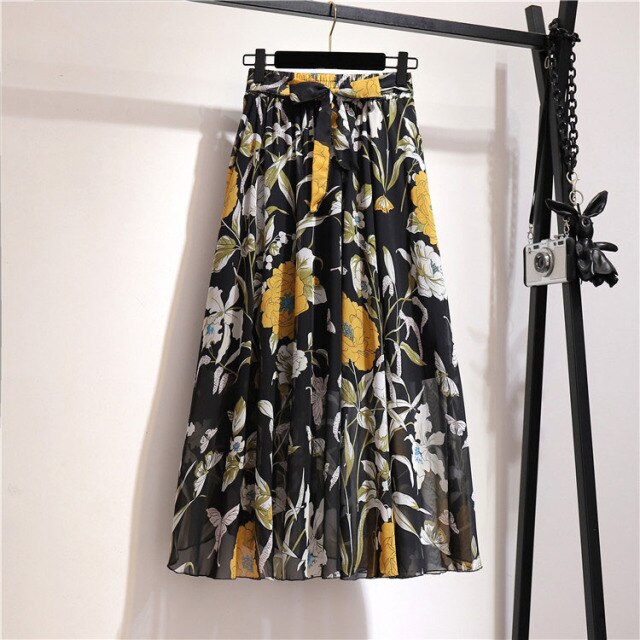 Vintage floral print chiffon skirts women Sprint Summer korean A line Pink streetwear high waist ladies midi skirt voguable
