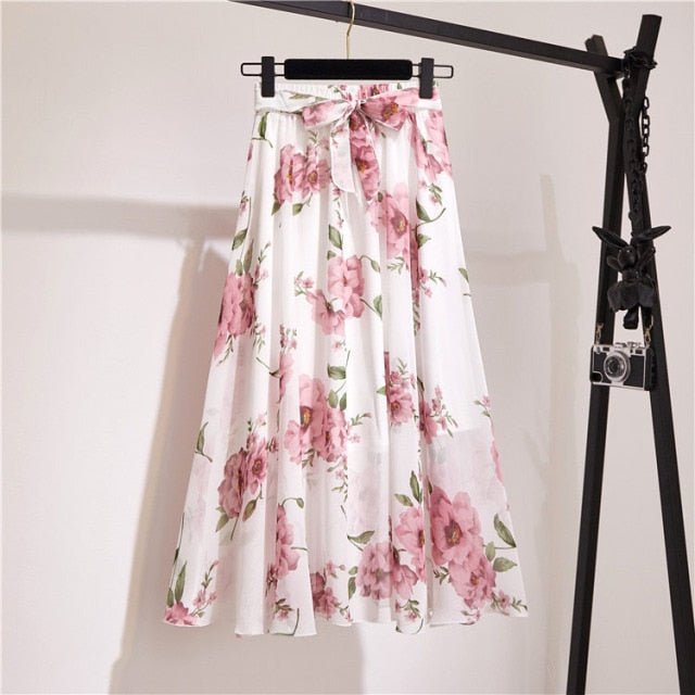 Vintage floral print chiffon skirts women Sprint Summer korean A line Pink streetwear high waist ladies midi skirt voguable