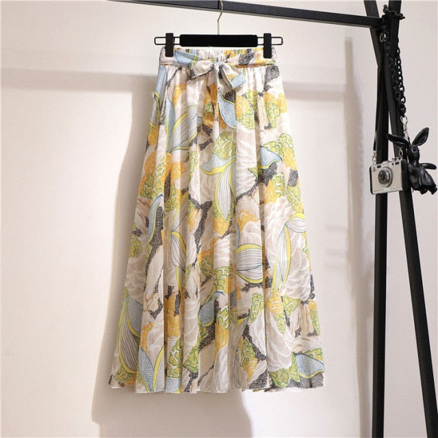 Vintage floral print chiffon skirts women Sprint Summer korean A line Pink streetwear high waist ladies midi skirt voguable