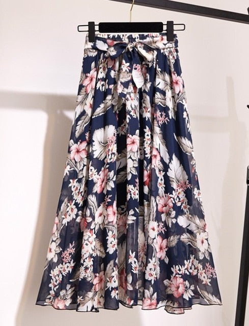 Vintage floral print chiffon skirts women Sprint Summer korean A line Pink streetwear high waist ladies midi skirt voguable