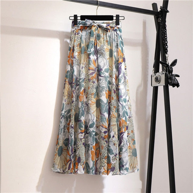 Vintage floral print chiffon skirts women Sprint Summer korean A line Pink streetwear high waist ladies midi skirt voguable