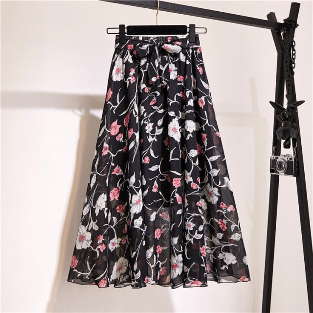 Vintage floral print chiffon skirts women Sprint Summer korean A line Pink streetwear high waist ladies midi skirt voguable