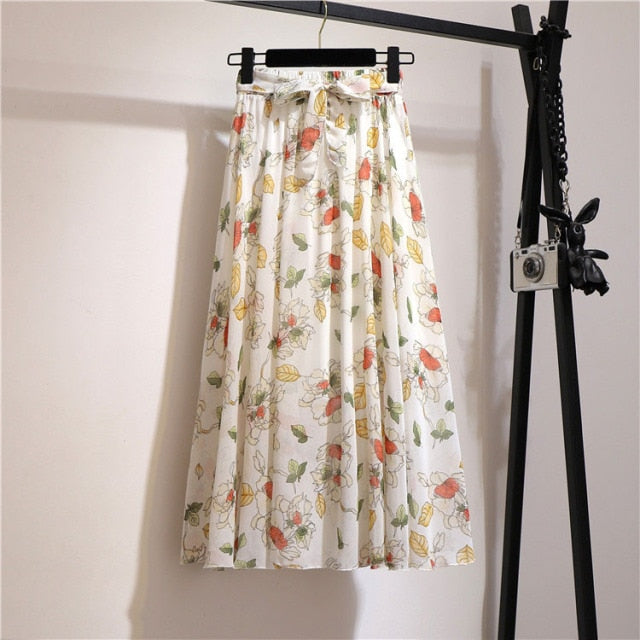 Vintage floral print chiffon skirts women Sprint Summer korean A line Pink streetwear high waist ladies midi skirt voguable