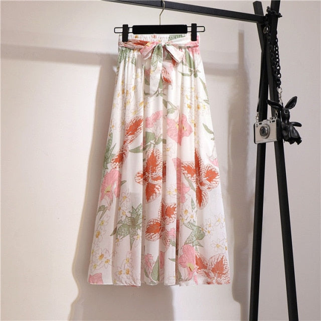Vintage floral print chiffon skirts women Sprint Summer korean A line Pink streetwear high waist ladies midi skirt voguable