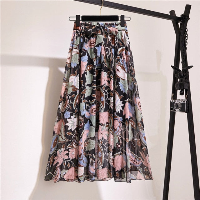 Vintage floral print chiffon skirts women Sprint Summer korean A line Pink streetwear high waist ladies midi skirt voguable