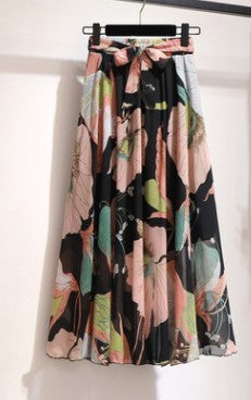 Vintage floral print chiffon skirts women Sprint Summer korean A line Pink streetwear high waist ladies midi skirt voguable