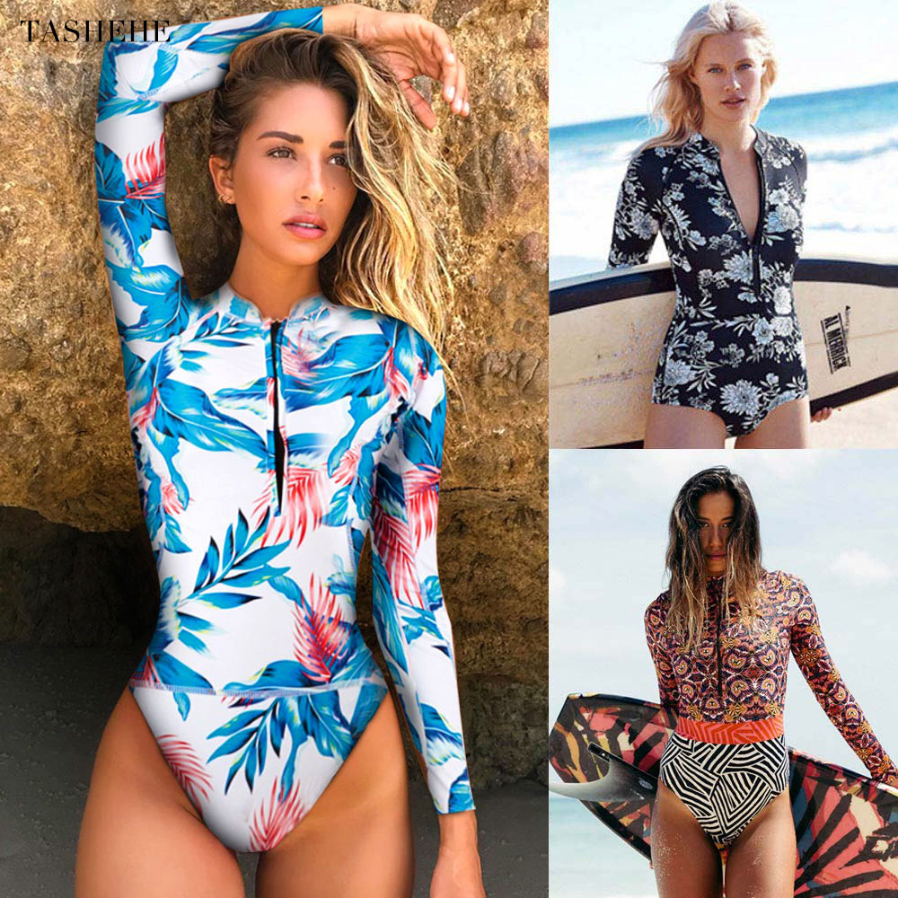 Voguable 2021 Print Floral One Piece Swimsuit Long Sleeve Swimwear Women Bathing Suit Retro Swimsuit Vintage One-piece Surfing Swim Suits voguable