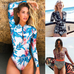 Voguable 2021 Print Floral One Piece Swimsuit Long Sleeve Swimwear Women Bathing Suit Retro Swimsuit Vintage One-piece Surfing Swim Suits voguable